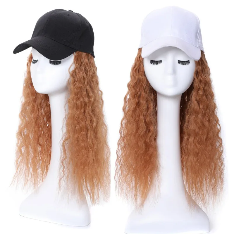 24 Inch Synthetic Long Curly Wig Baseball Cap Adjustable Light Brown Wool Curl One Piece Wig for Women Daily Wear Goddess