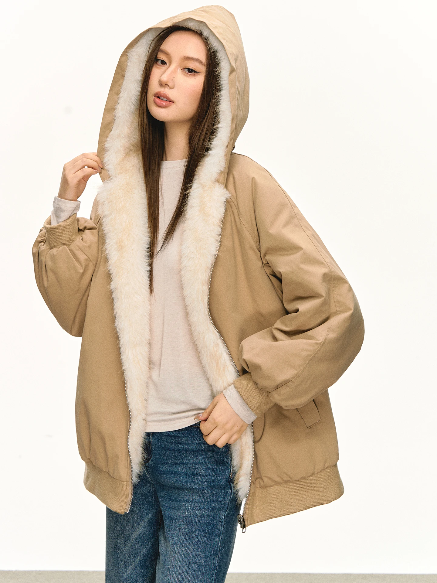 

Anna Aneae Thiened Fce Lined Hooded Jaet Women's Loose Warm Spring Autumn Khaki Cotton Coat Street Sle Long Sve
