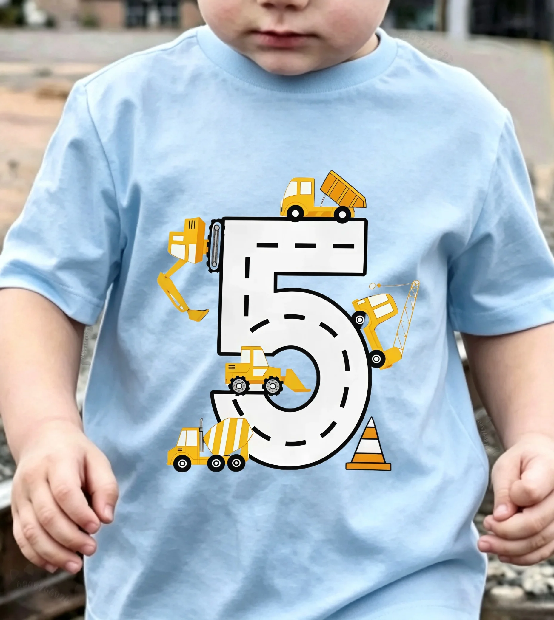 Latest model excavator construction truck printed children's pure cotton T-shirt for boys and girls - comfortable top