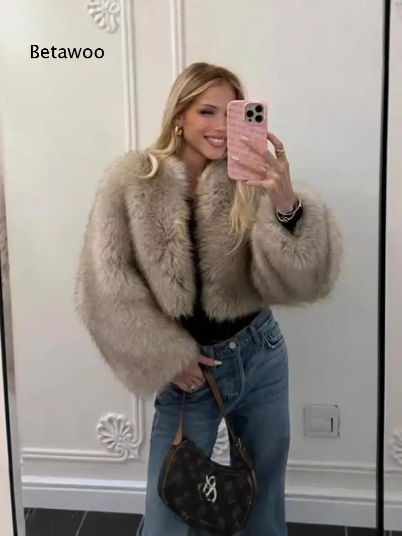 Womens Open Front Faux Fur Cropped Jacket Long Sleeve Solid Fluffy Plush Warm Coat For Autumn Winter Daily Street Outfit