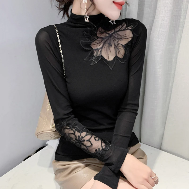 Sexy Hollow out Me Long Sve T-irt Women's f High Collar Leopard Print Faionable Top Base irt Autumn Winter