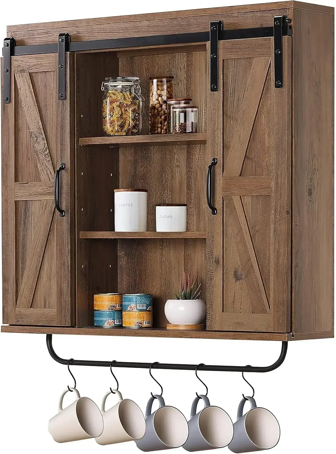 Rustic Wood Wall Storage Cabinet with Two Sliding Barn Door, 3-Tier Decorative Farmhouse Vintage Cabinet for Kitchen Dining, Bat