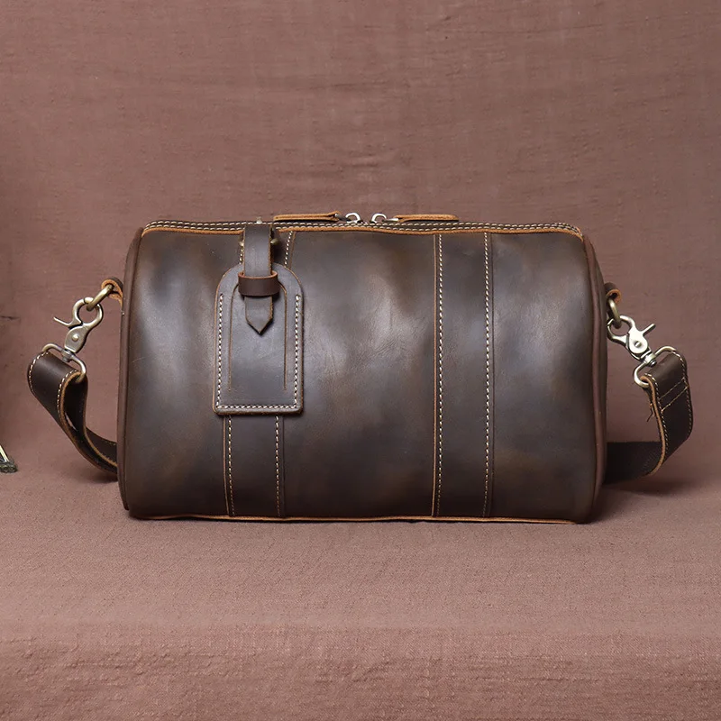 Vintage Crazy Horse Leather Crossbody Bag Men's Barrel Bag Large Capacity Messenger Bag Genuine Leather