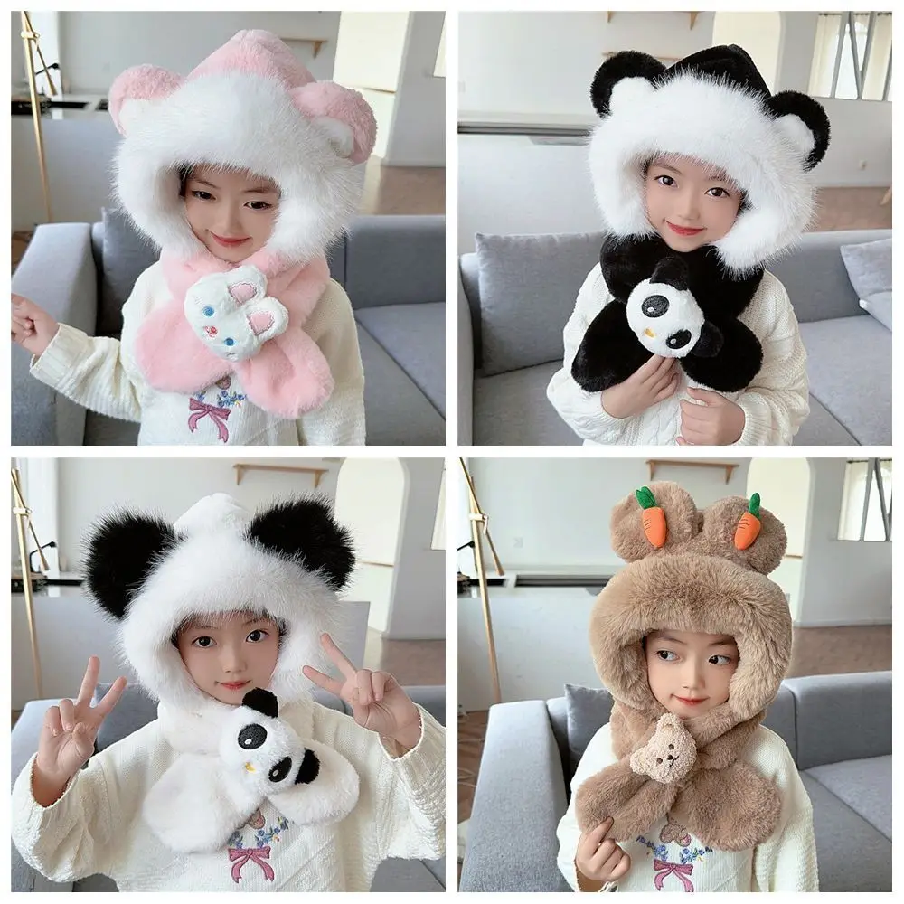 New Warm One-Piece Hat Scarf Autumn Winter Ear Protection Children's Windproof Cap Plush Kids Cartoon Rabbit Warm Neck Ear Cap