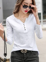 TuangBiag 2023 Spring Long Sleeve Button V-Neck Bamboo Cotton T-Shirt Women Loose Fashion Brand T Shirt Lady Simple Casual Tops