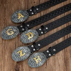 Oval flower letter big plate buckle trend simple paper-cut PU embossed button belt