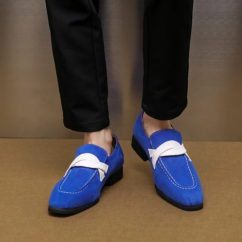 New Blue Loafers Shoes for Men Anti Suede Leather Color Blocked Round Head Low Heel British Gentleman Business Casual Shoes