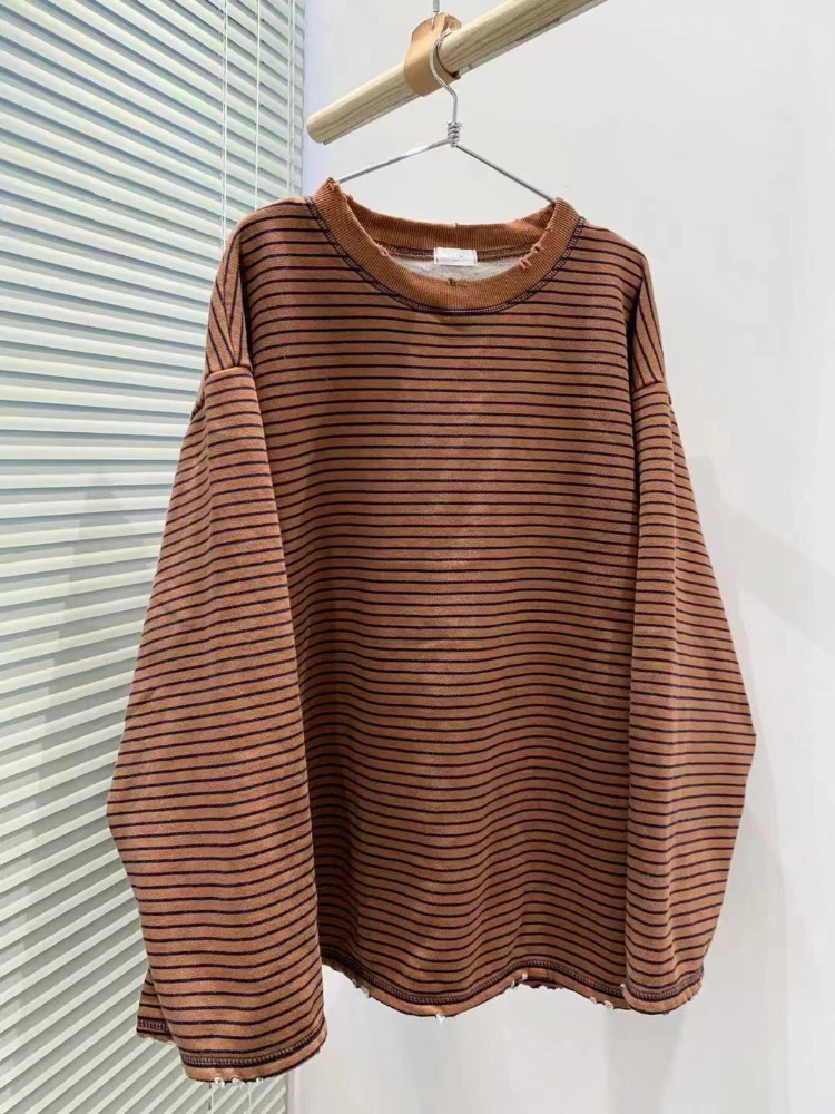 Women's Vintage Hole Striped T-Shirts, O-Neck, Loose, Batwing Sleeved, Casual, All Match Female Pulls Tops, Summer Tees