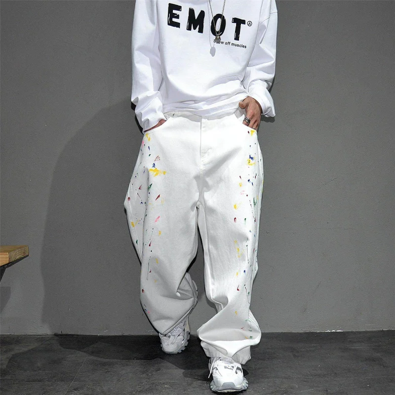 Vibe Hip Hop Paint Splatter Wide Leg Denim Jeans Men, Niche Stylish Loose Plus Size Straight Stacked Long Pants