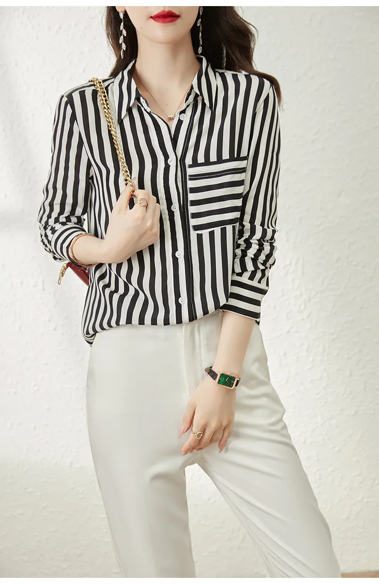 Striped Silk Shirt Women Silk Blouse In Early Spring 2024 Summer New Silk Shirt Mulberry Silk Shirt OL Style