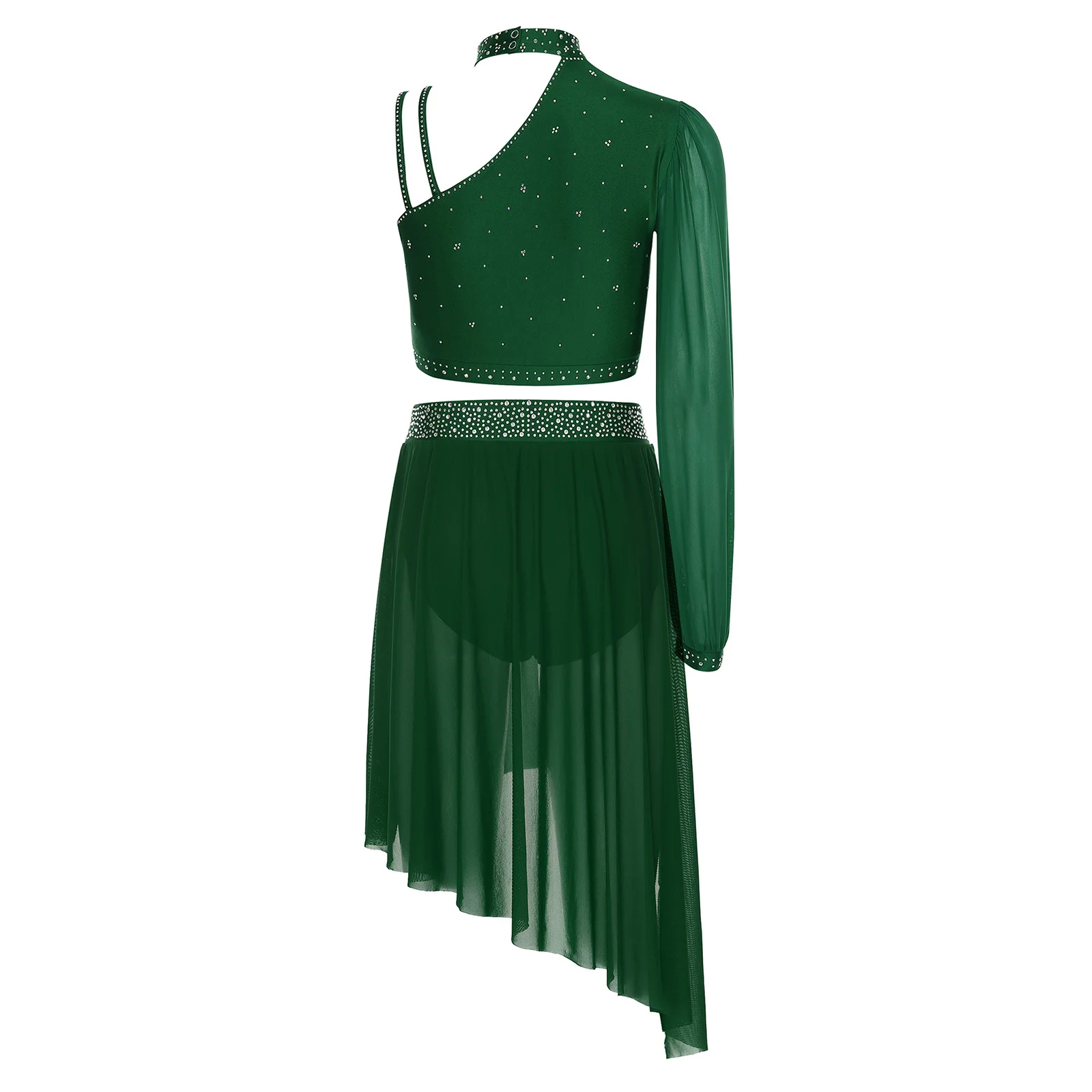여성용 리리컬 라틴 댄스 의상, 크롭탑과 스커트 글리터 투피스 세트 (폴리에스터 스판덱스 소재, 무대 공연 의상)