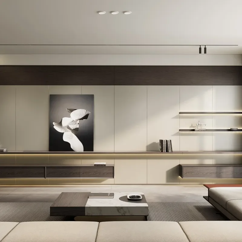 Modern Minimalist TV Wall Cabinet Natural Wood Adjustable Floating Shelf LED Lighting Eco-Friendly Storage Living Room