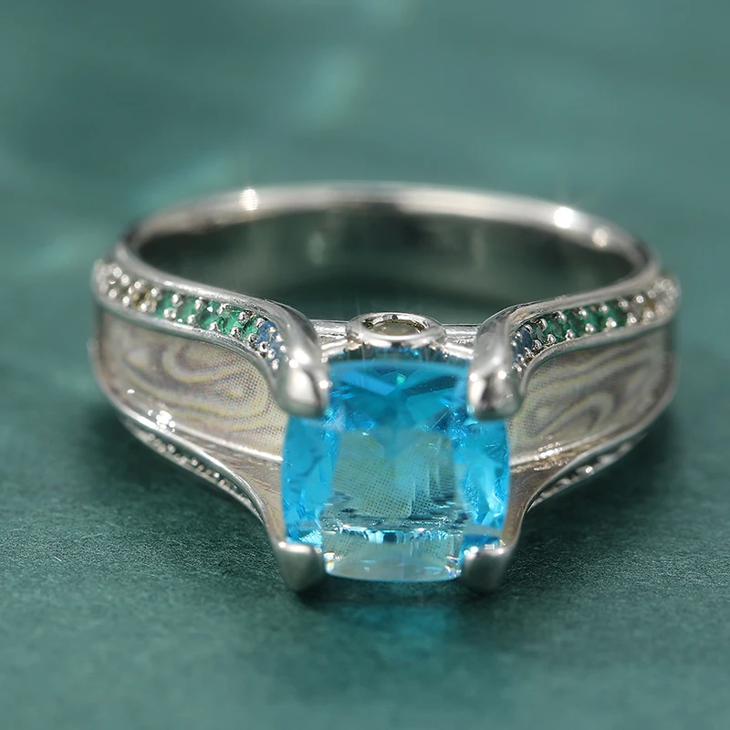 Attractive Silvery Color Rings for Women Vintage Inlay Synthetic Blue Zirconia Ring Wedding Engagement Jewelry