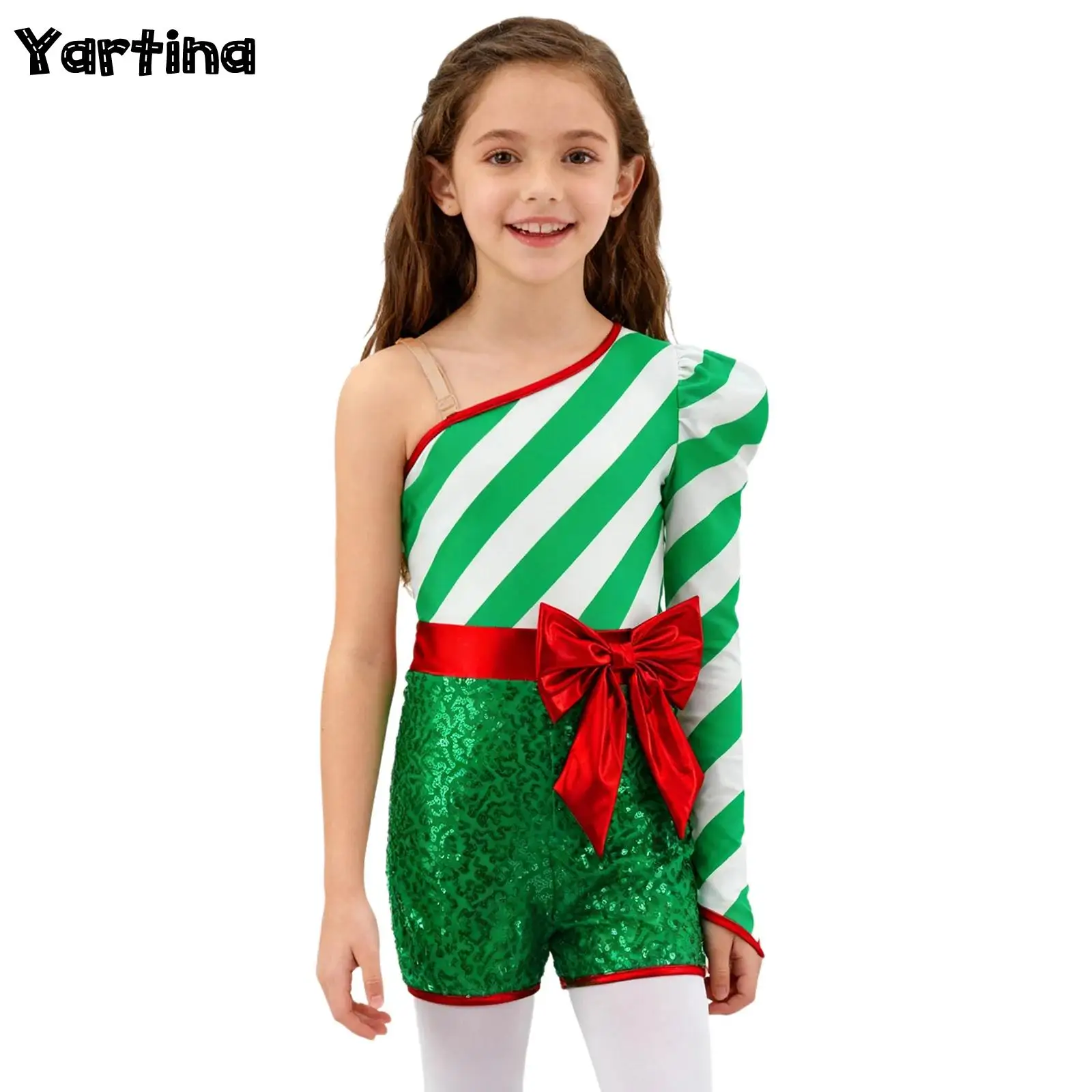 

Girls Christmas Xmas Elf Cosplay Costume Bodysuit Sequins Adorned Candy Cane Ballet Leotards Jumpsuit And Rhinestone Waistbelt