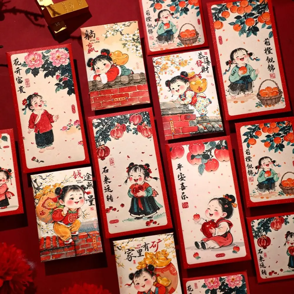 

6pcs Traditional Chinese New Year Red Envelopes Hongbao Blessing Good Luck Red Pocket Thickened Children's Money Bag