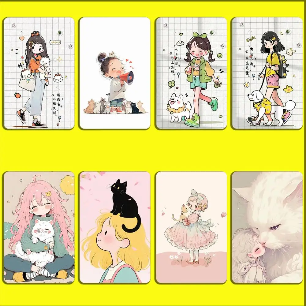 

Cartoon Lovely Girl Dog Cat Card Stickers For Debit Bank Credit Cards Metro Bus Pass Sticker Decoration Cover 4PCS Card Skin