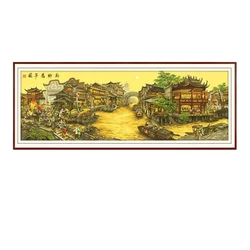 Jiangnan Water Chinese Scenery stampato su tela 11CT kit ricamo completo a punto croce, Set cucito punto croce 200x75cm