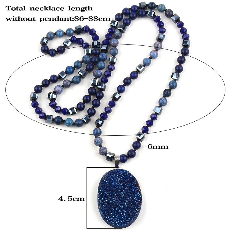 Fashion Bohemian Jewelry 6mm Stone/Crystal Knotted Druzy Charm Pendant Necklace For Women Boho Gift