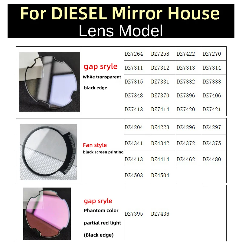 For men DIESEL Glass DZ7295 7370 DZ4504 dz4342 4413 DZ7395 7436 7396 7399 7311 7413 Mineral Mirror Fan Lens Red Light Black Edge