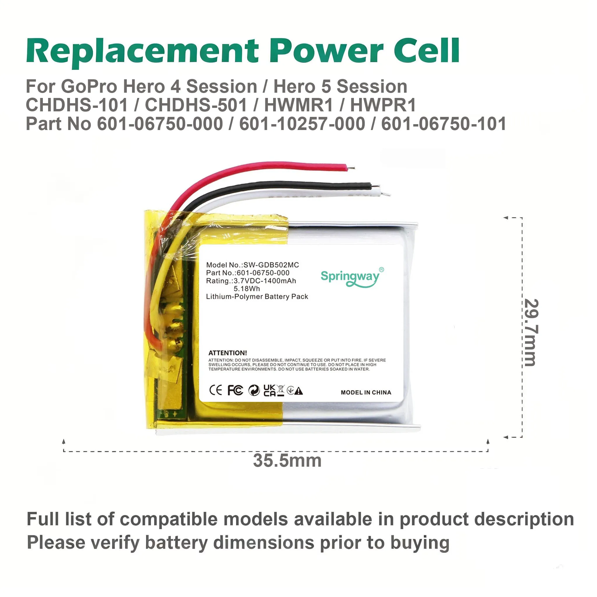 601-06750-000, 601-10257-000 Camera Battery 1400mAh for GoPro Hero 4 Session, Hero 5 Session, CHDHS-501, CHDHS-101, HWMR1, HWPR1