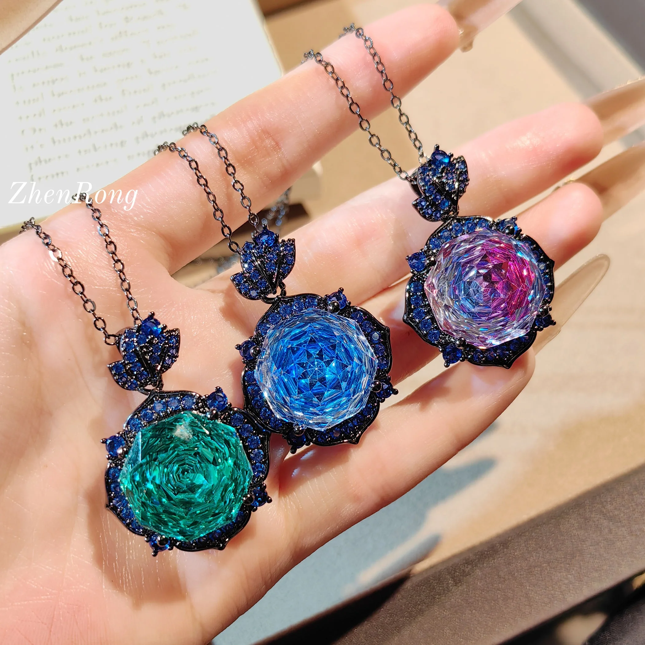 

Black gold plated octagonal millennium rose necklace set with high carbon diamond rose necklace for women