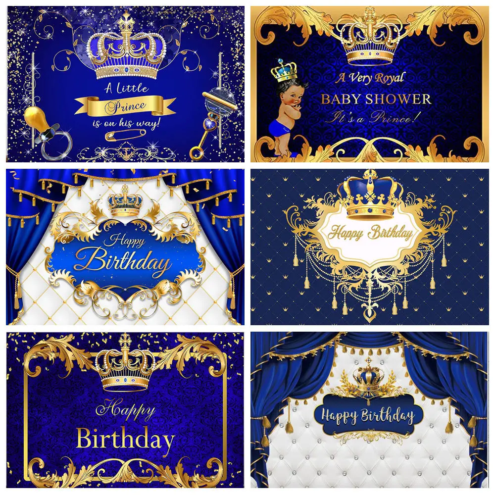 

Prince Birthday Party Backdrop for Boy's Royal Blue and Gold King Crown Decoration Photography Background Banner Photo Props