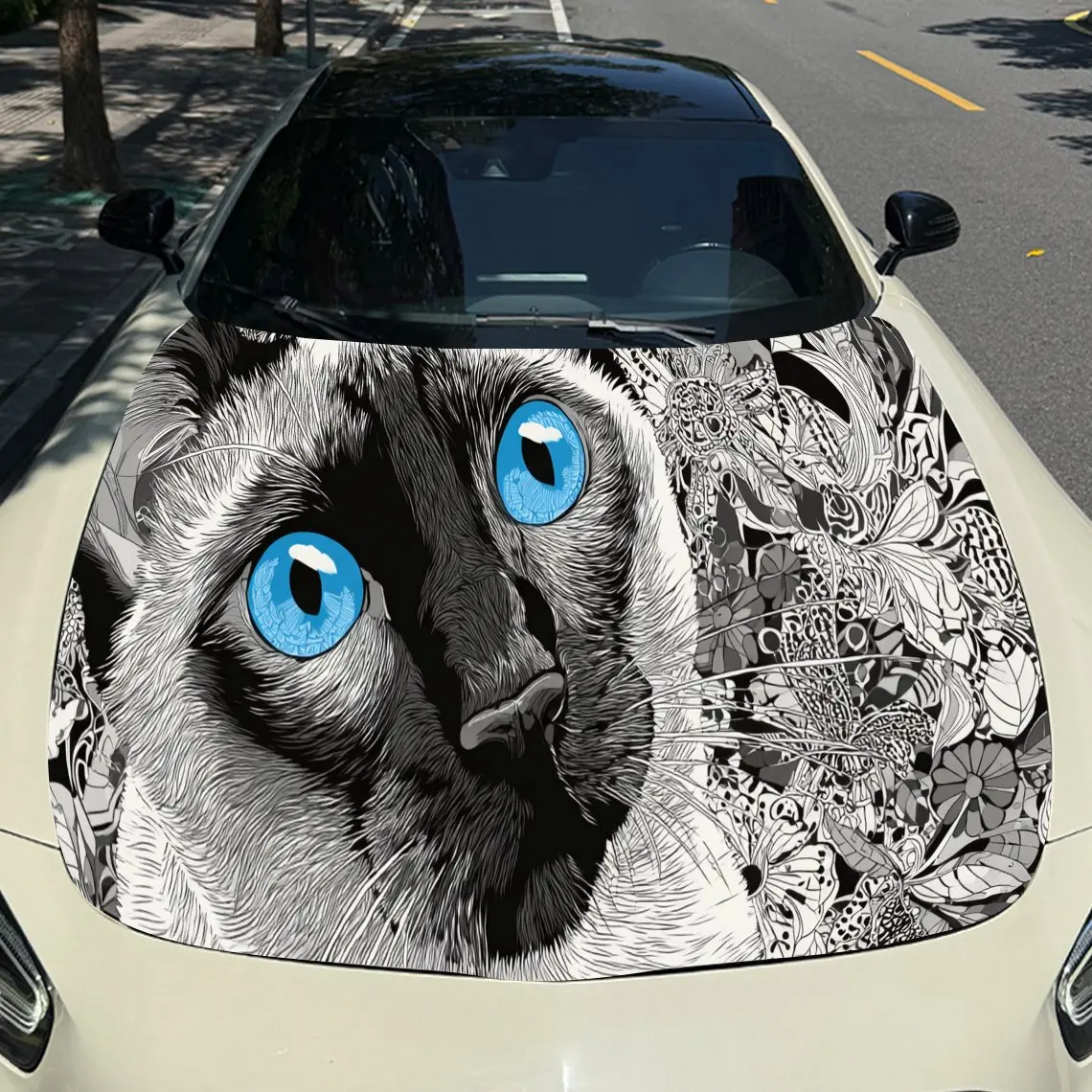 Leuke Siamese kat print, auto kap stickers, PVC waterdichte zelfklevende auto kap sticker, auto kap decoratie bescherming stickers,A