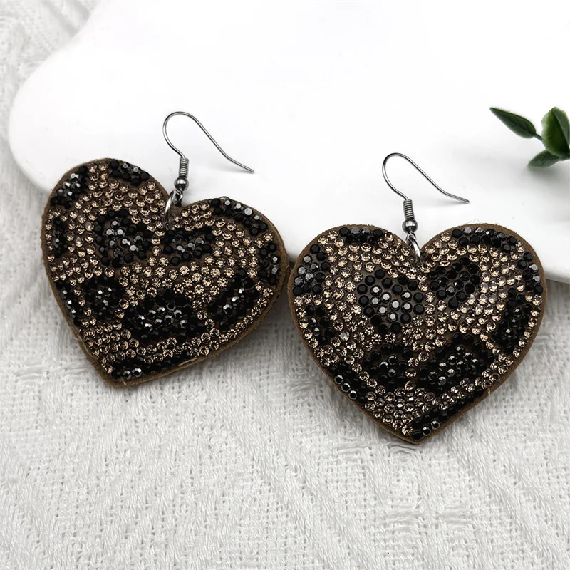 

Charm Heart Love Leopard Print Rhinestone Dangle Earrings for Women Girls Coffee Color Party Wedding Drop Earring Jewelry Gifts