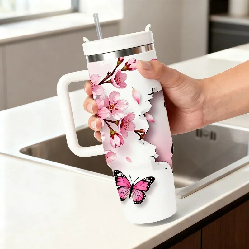 Romantic Cherry Blossom And Butterfly Print 40Oz Stainless Steel Insulated Tumbler, 