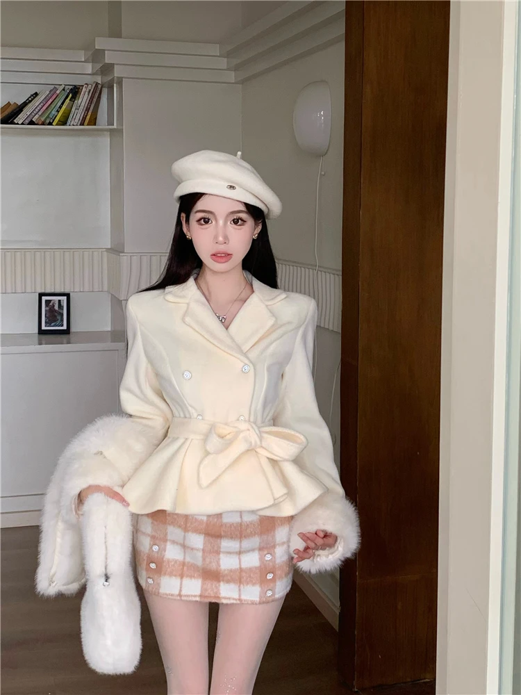 

Sweet Hot Girl Suit Women's Winter Fur Collar Patchwork Woolen Jacket Plaid Wrap Hip Skirt Two-piece Set Fashion Female Clothes