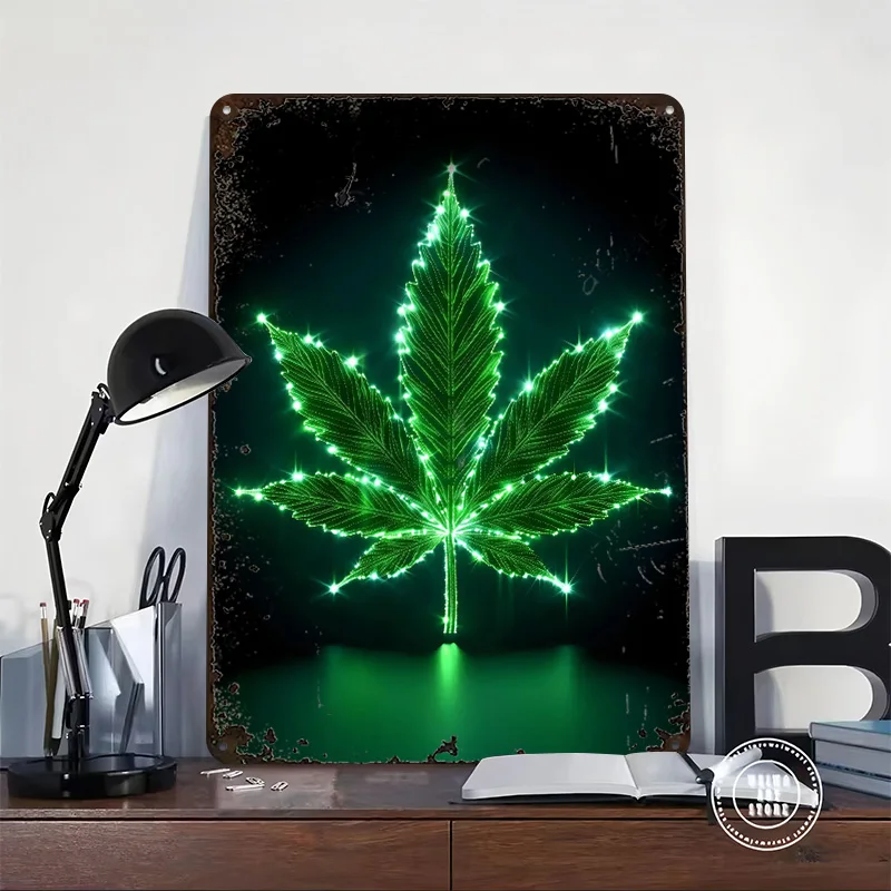 Green Glowing Weed Printed Posters Customizable Wall Art Retro Vintage Metal Tin Signs for Home Room Desk Decor Custom Sign the