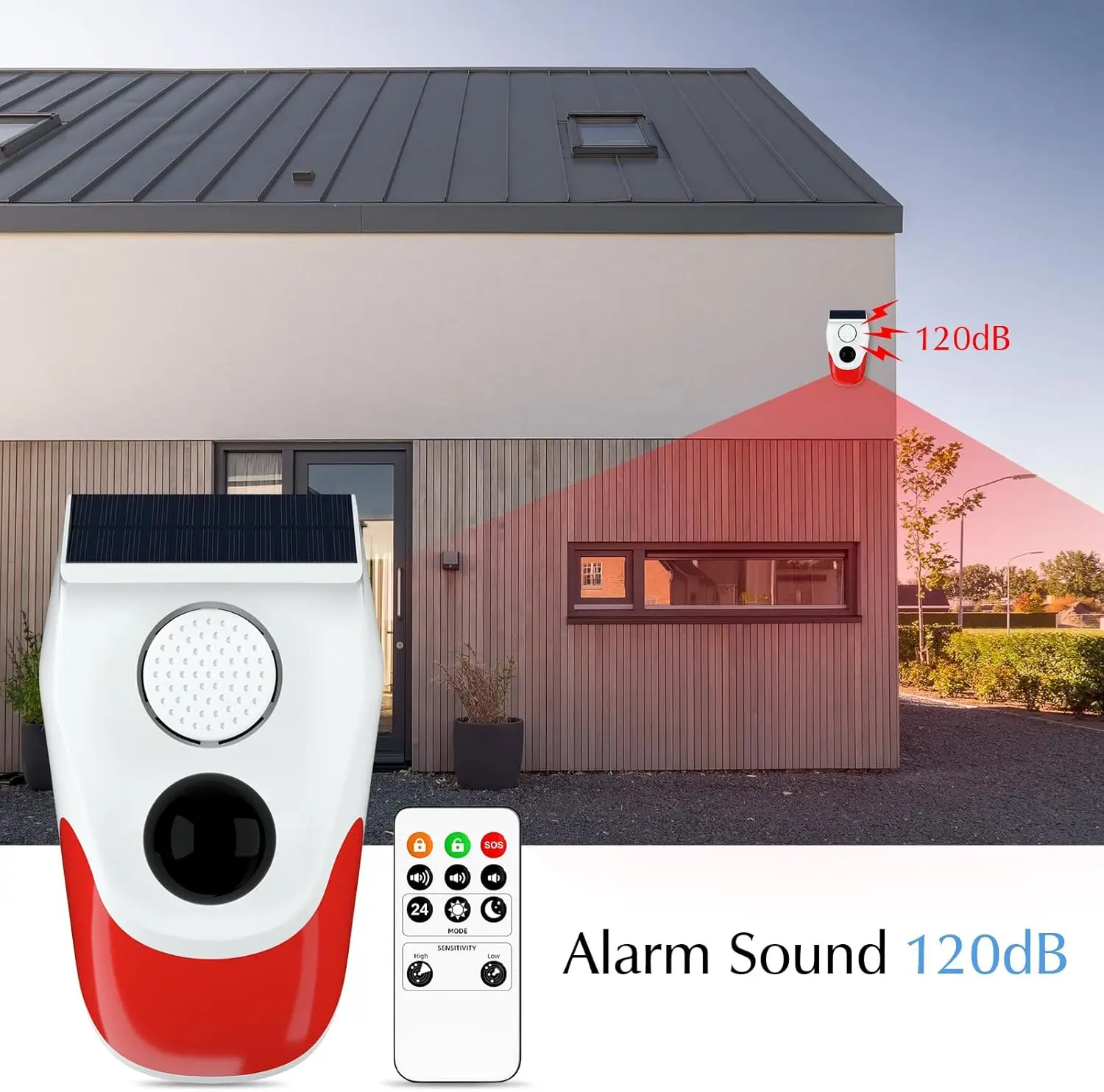 Outdoor Solar Sound Light Alarm Motion Sensor,1000mAh Battery 120 Decibels Siren Sound Alert Flash Strobe Security Alarm System