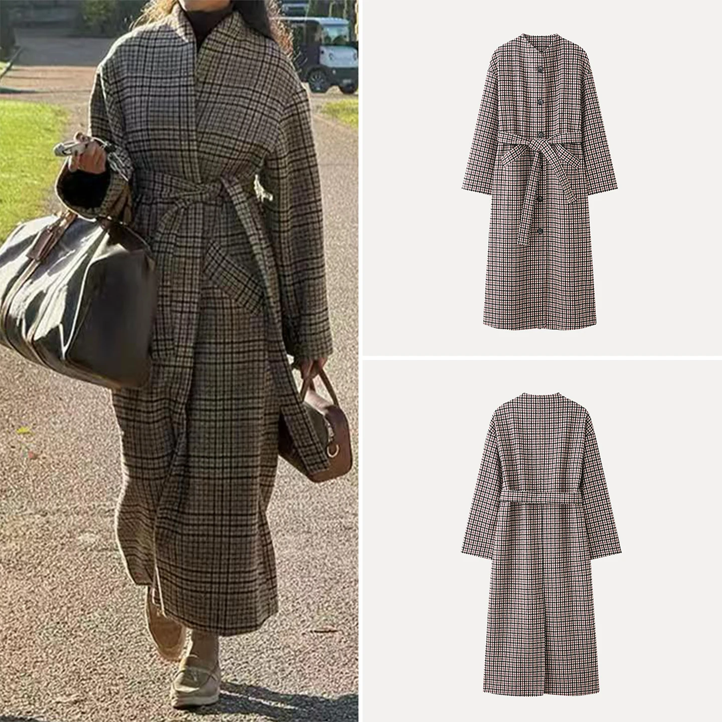 

Ele Retro Plaid Coat for Women Faionable Winter Outerwear Long Sve Stand Collar Single Button Closure No Hat