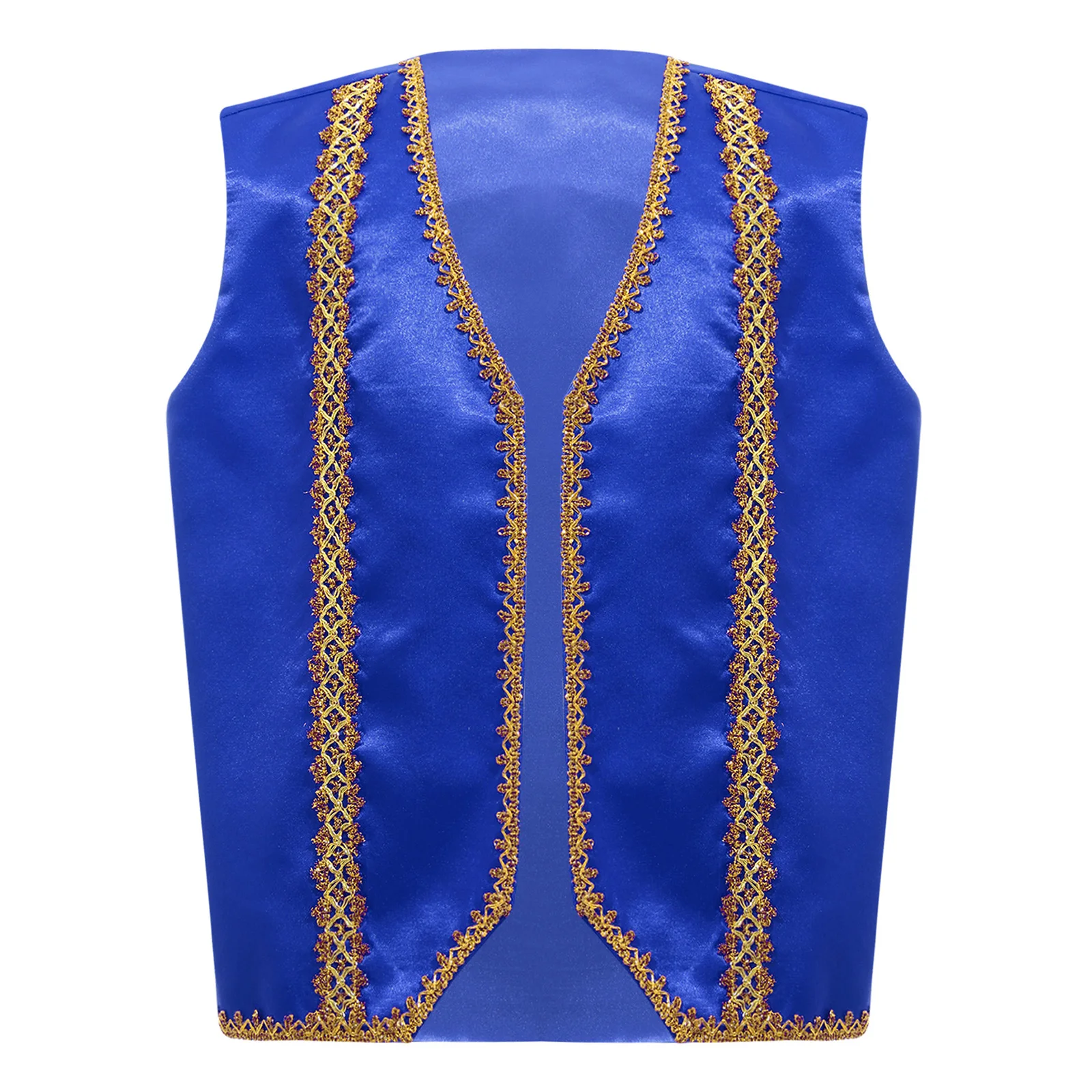 Costume de cosplay de prince arabe pour enfants, gilet ouvert sur le devant, glaçage brillant, garniture dorée, Halloween, drame de conte de fées, garçon