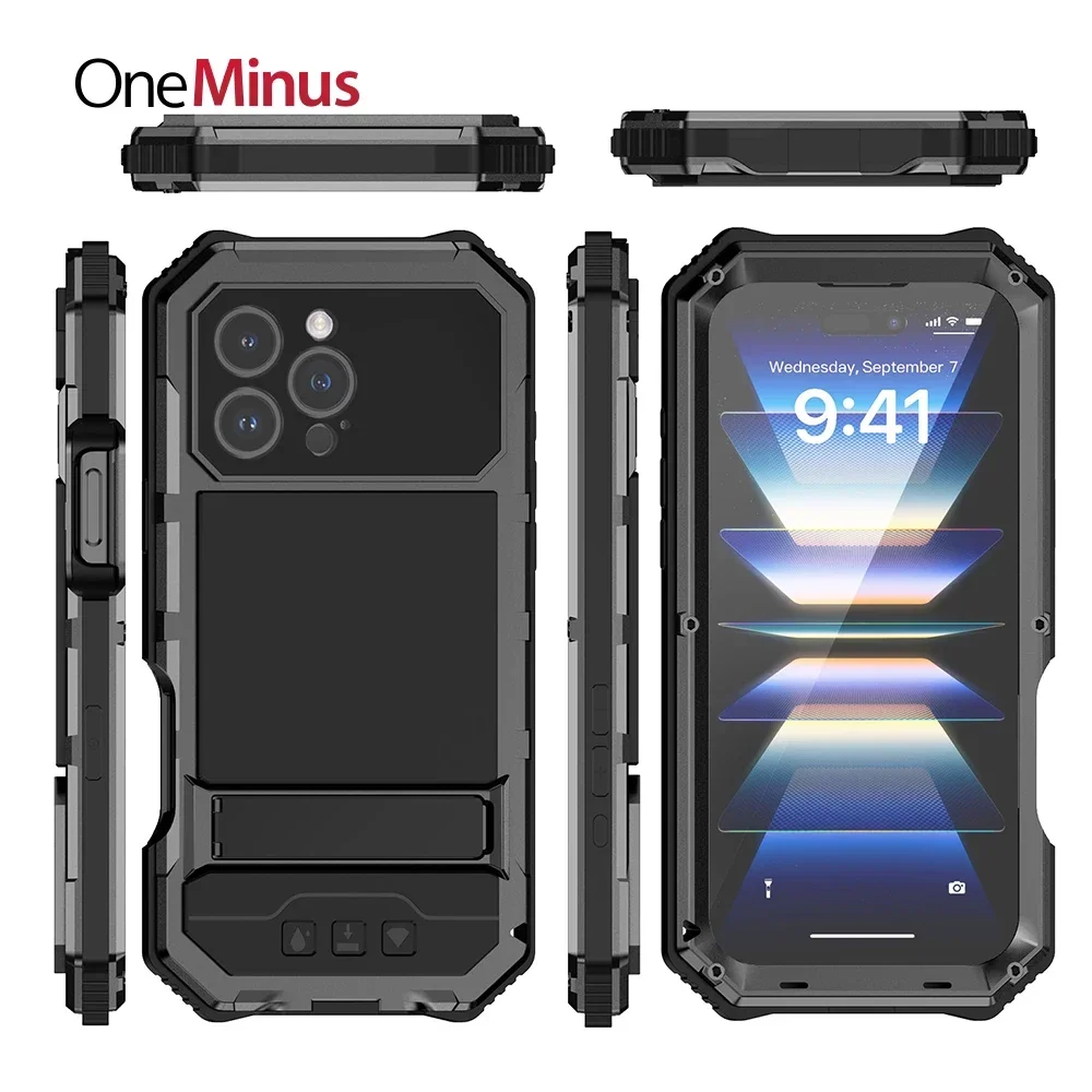 

Heavy Duty Metal Armor For iphone 16 Pro Max Case WIth Kickstand 15 Plus Silicone Military Grade Cover Built-in Protector Lnes