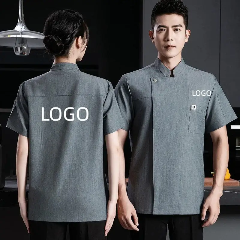 

New Stretch Chef Uniform Short Sleeved Workwear Printed Logo Breathable Men Women Dining Kitchen Cooking Baking Clothes Jacket