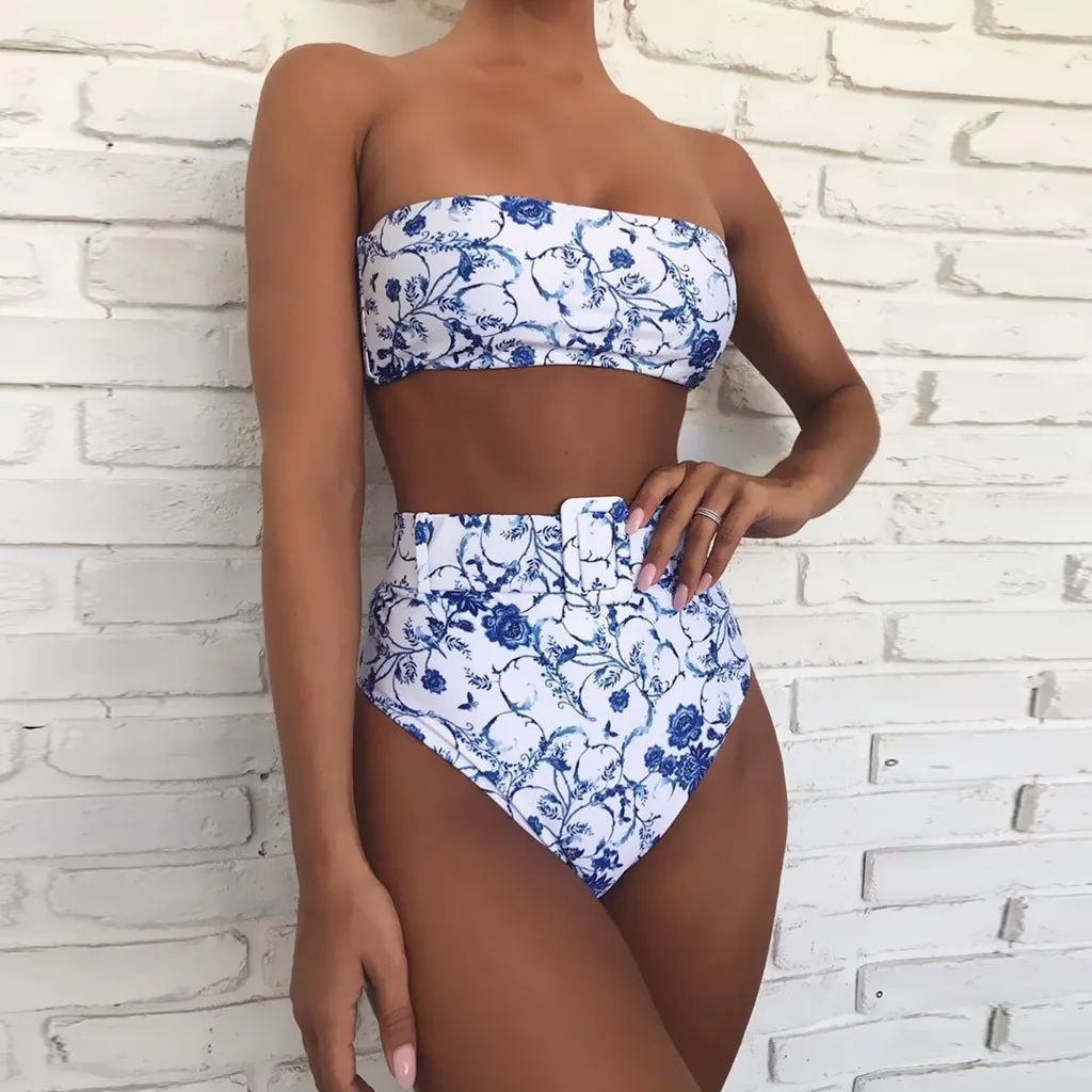 Women Swimsuit Sexy Solid Buckle BikiniPadded High Waiste Swimwear Set Sexy Bkini Bathing Suit Summer Solid Print Tankini