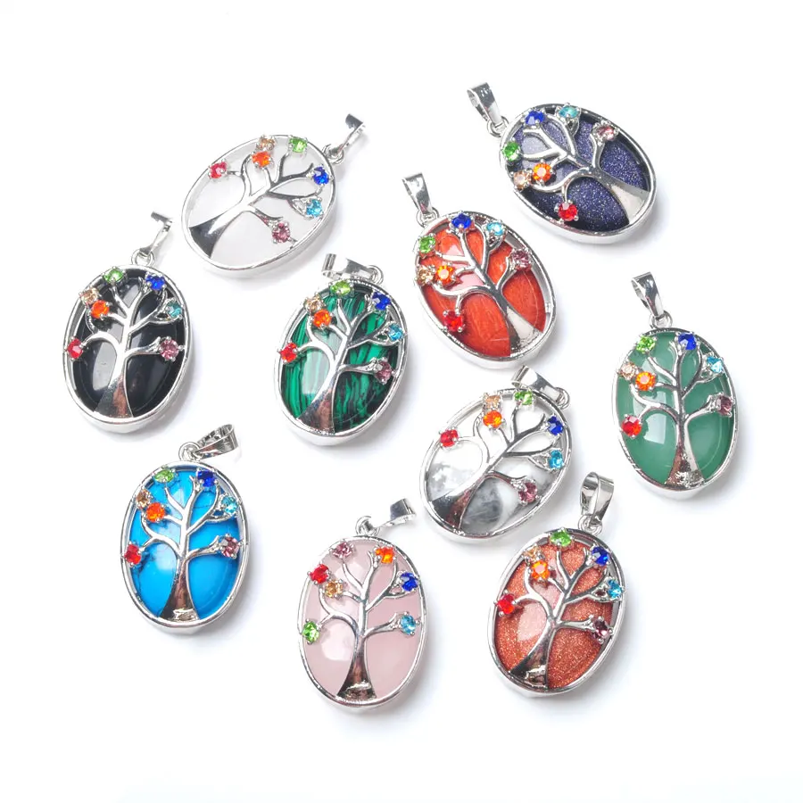 5PCS Natural Tree of life Pendant Crystal Stone Oval Bead luxury Jewelry Gift BE914