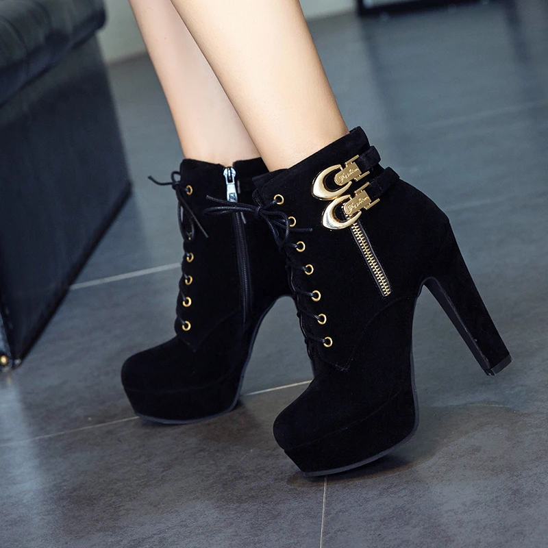Fashion Women\'s Ankle Boots High Heeled Platform Short Boot Female Buckle Flock Zipper Gray Ladies Party Shoes Large Size 50