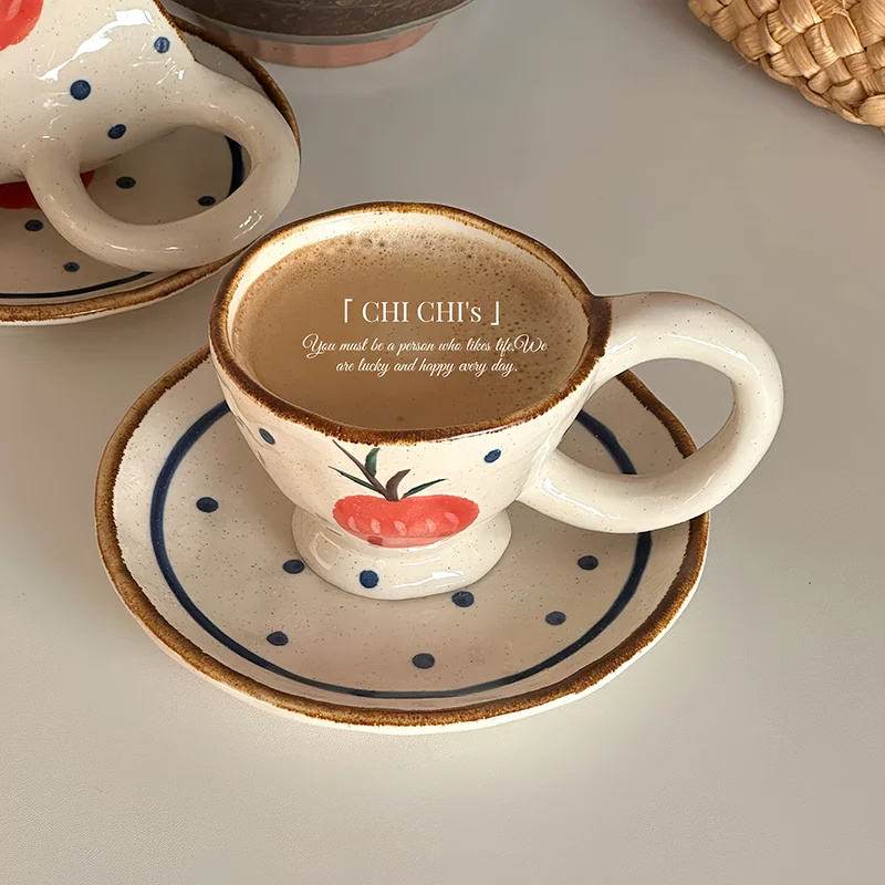 

Vintage Hand-Painted Apple Cup Set Korean Style Textured Underglaze Colored Ceramic Afternoon Tea Coffee Cup Plate Suit