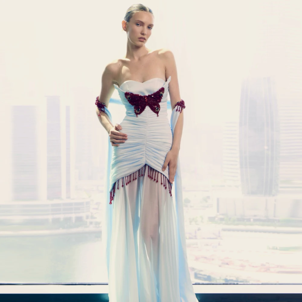 2026 New Strapless Evening Dress Delicate Beading Butterfly Customized Celebrity Gowns  See Through Ruched Chiffon Prom Dresses