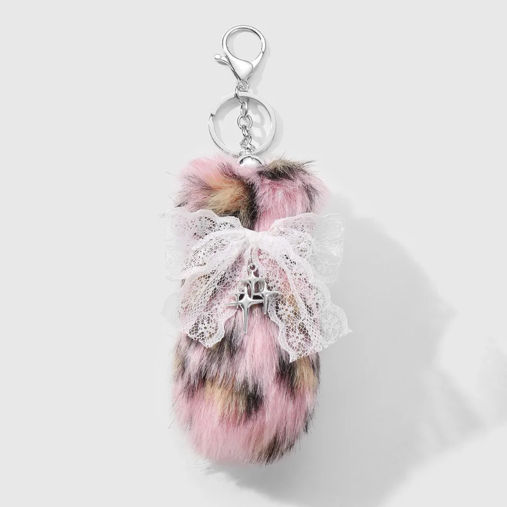 New Y2K Style Fluffy Tail Keychain Lace Bow Leopard Print Bag Pendant Soft Gift Bag Charm Backpack Decoration