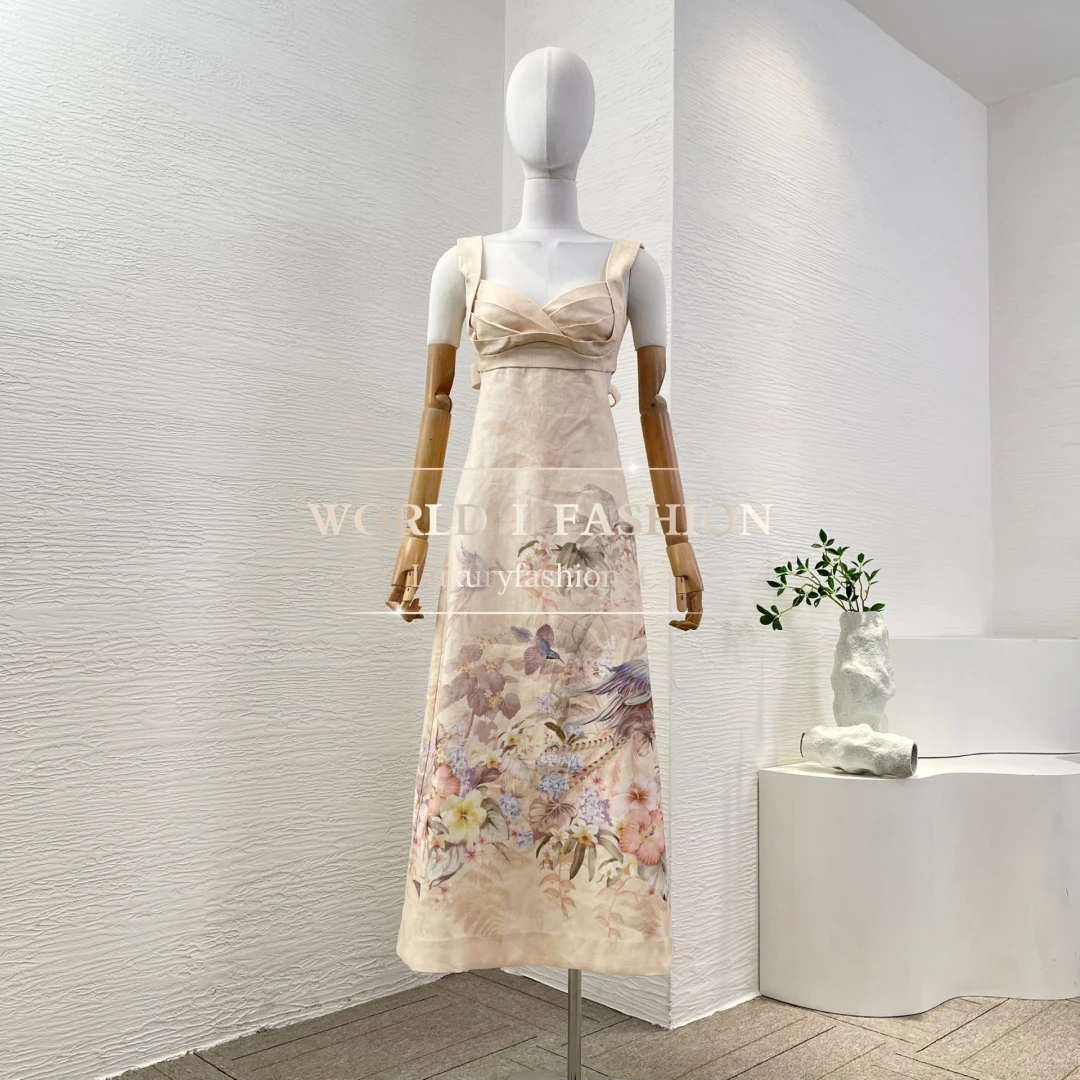 

Beige Tropical Floral Print Sleeveless Pleat Sweetheart Neck Backless Midi Dress