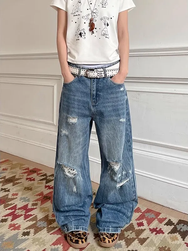 

Женские джинсы в стиле ретро, с эффектом потертости, с высокой талией, прямые, свободного кроя, универсальные брюки, модные повседневные джинсы