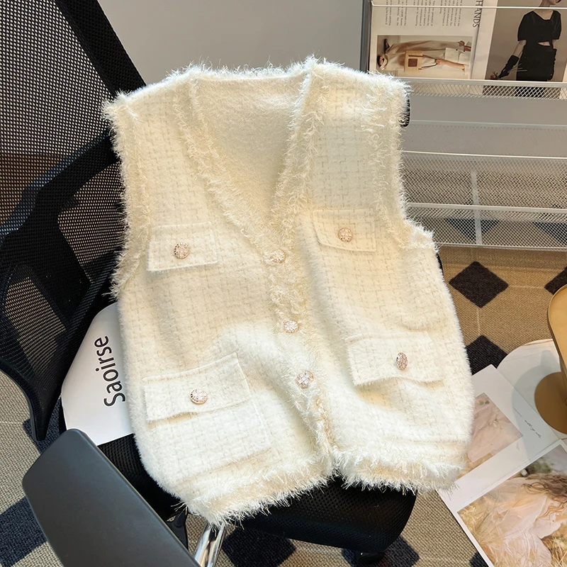 

Glittery Knit Ves for Women Soft Fuzzy Button-Down Pocket Sleeveless Plaid Jacket Coat Fall Winter Luxury Outfit