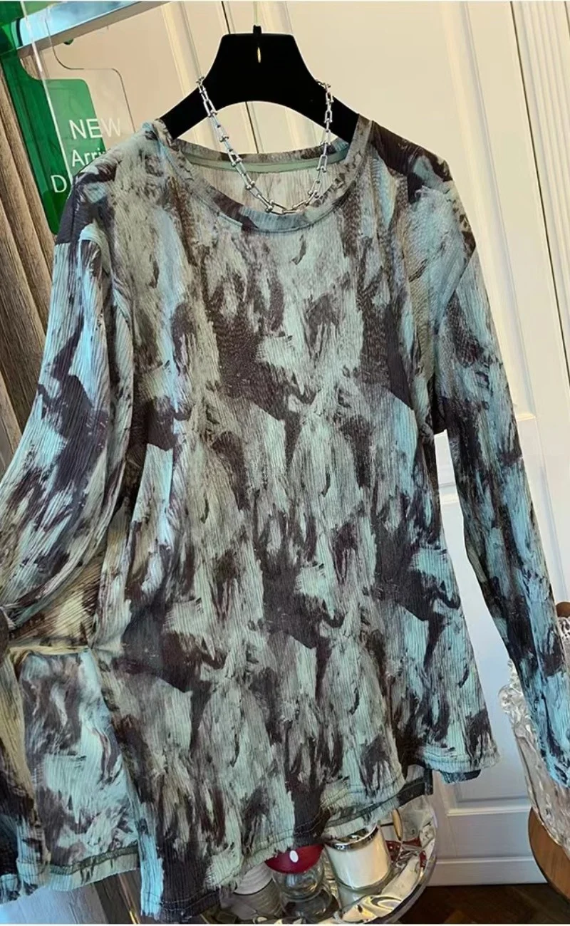 Plus Size 300Pou Dames Long Sve T-shirt Dyed Me Base irt Zomer Losse Zonbescherming Top Trendy ronde Ne Print