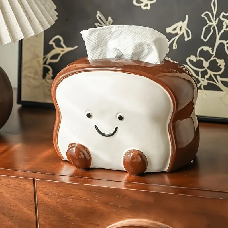 Toast Ceramic Tissue Box Holder Smiling Bread Tissue Box Paper Storage for Living Room Bedroom Kitchen Decor Desktop Ornament