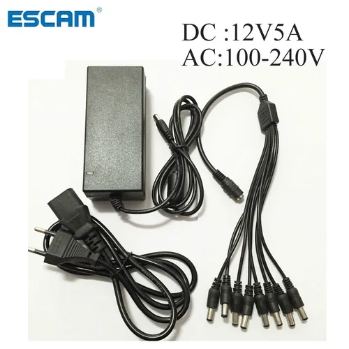 Adaptador de fuente de alimentación DC 12V 5A + 8 cables de alimentación divididos para cámara de seguridad CCTV DVR cámara analógica AHD TVI CVI sistemas DVR
