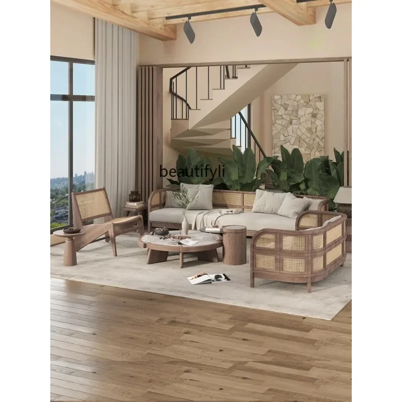 a485 Solid wood rattan sofa hotel lobby reception resort club log wind sofa