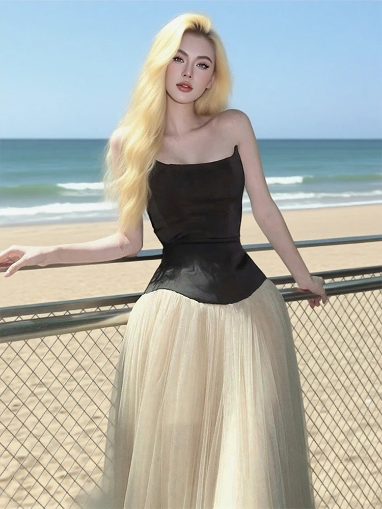 Estranho gato retalhos em camadas vestido feminino sexy sem alças malha elegante princesa noite festa de aniversário simples magro maxi bodycon